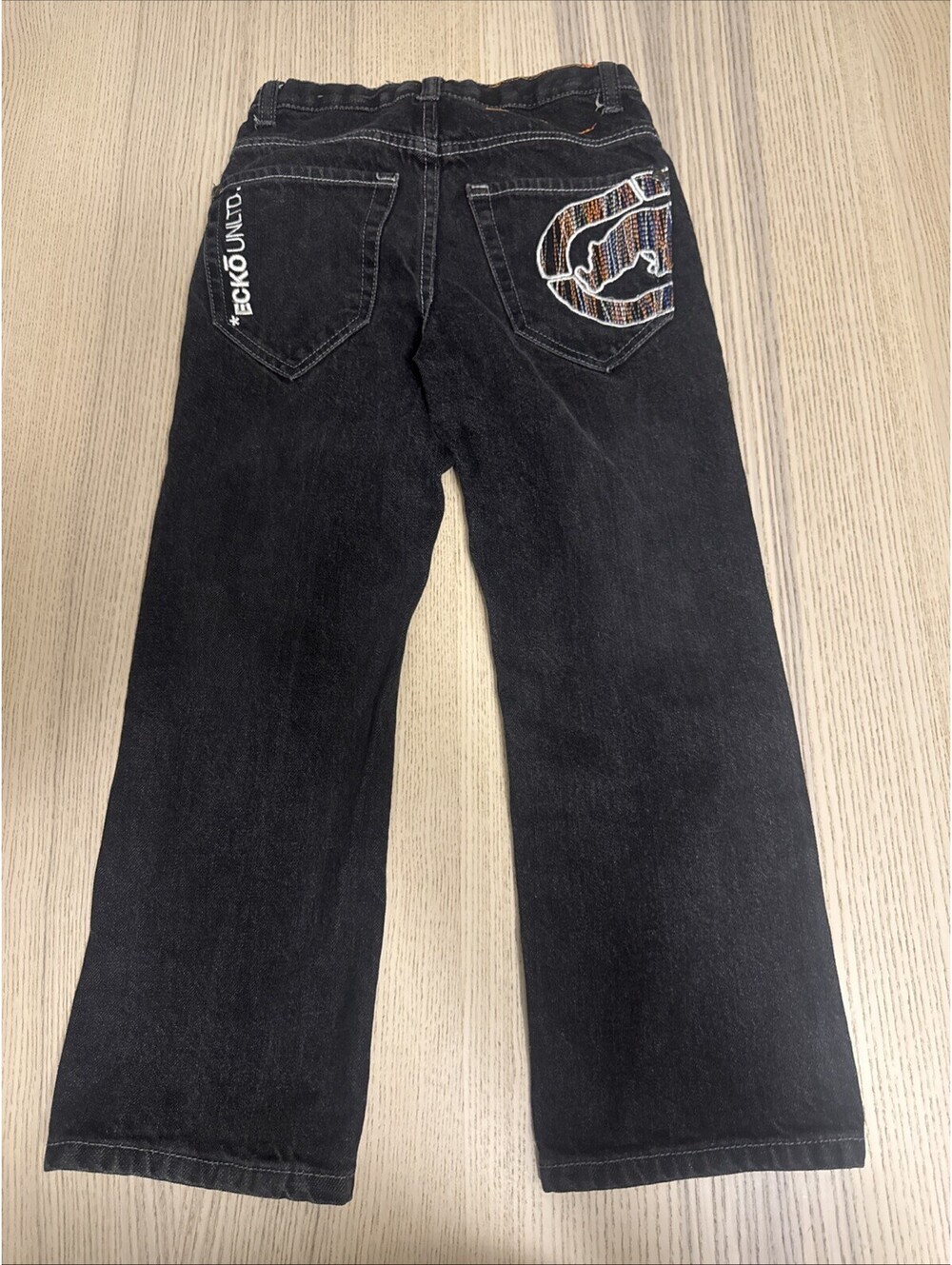 Vintage Y2K Ecko Unltd Embroidered Rhino Baggy Black Jeans Boys Youth Size 6